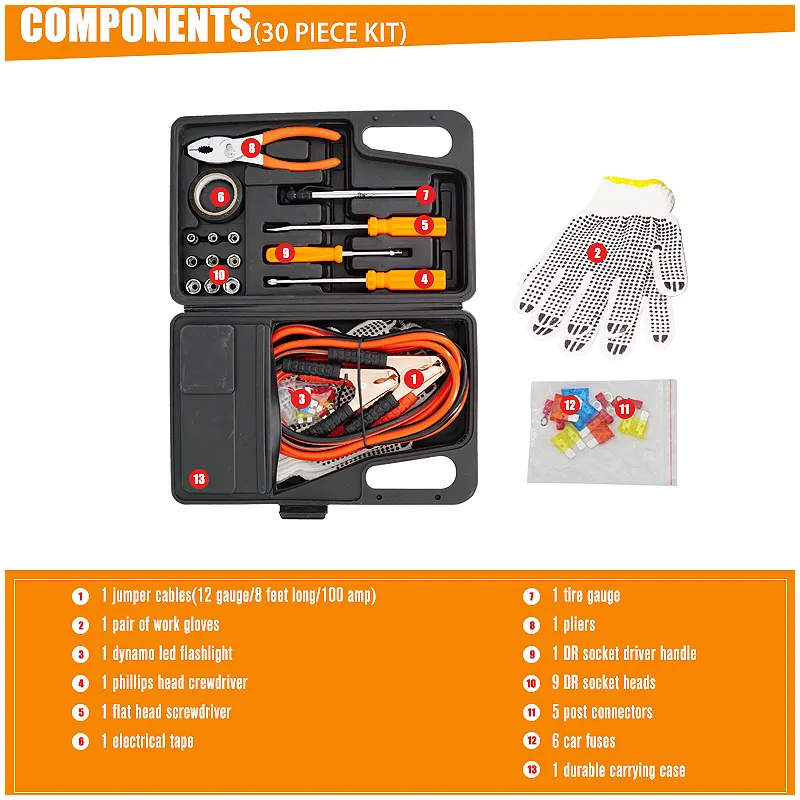 30 pieces Vehicle Tools Car Emergency repair and rescue Kit With Jumper Cables