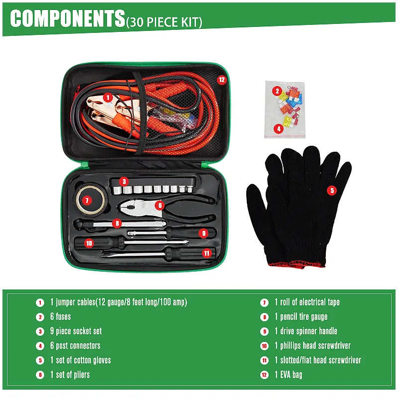 Custom Universal 30 pieces Tool Set Auto Car Emergency repair and rescue Kit With Jumper Cables EVA Bag