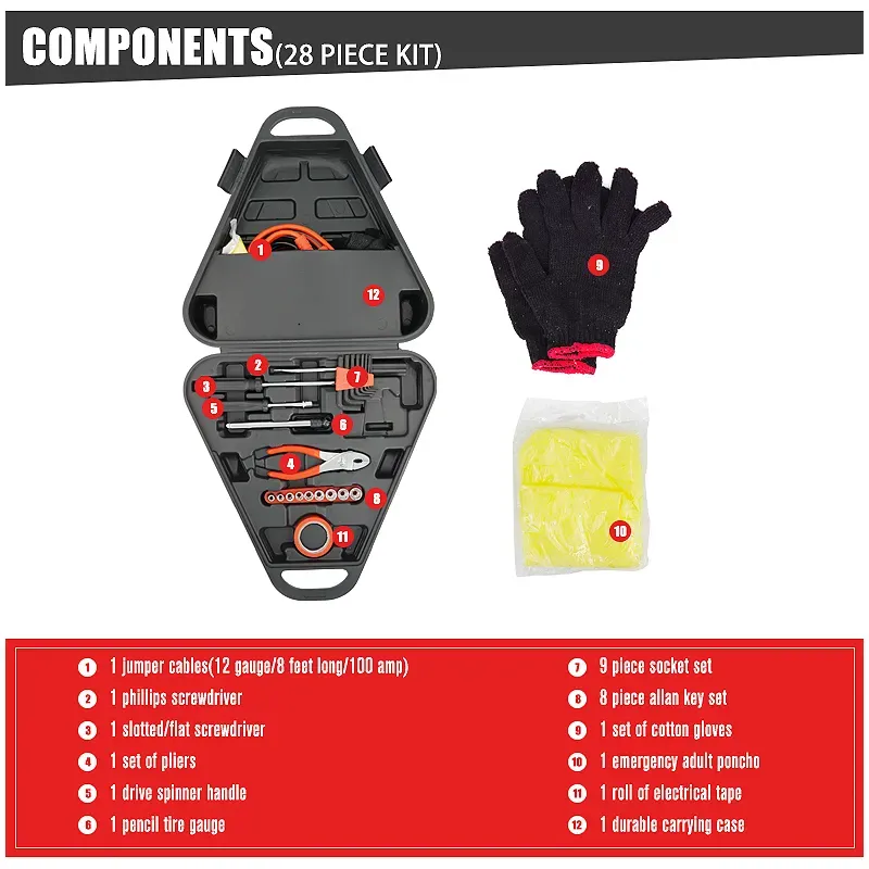 Custom Universal 28 pieces Tool Set Auto Car Emergency repair and rescue Kit With Jumper Cables