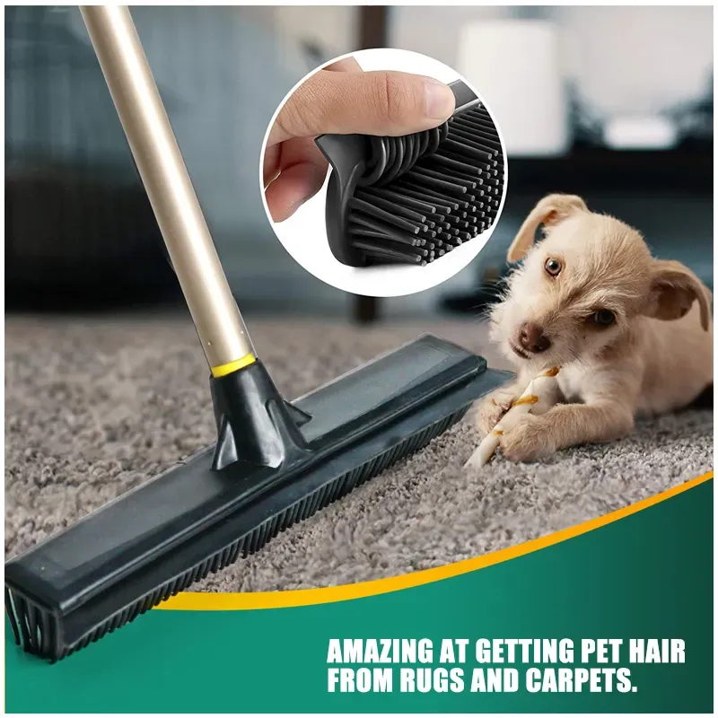 Pet Hair Rubber Broom Floor Brush for Carpet Dog Hair Remover Silicone Broom Suitable for All Surface with Built in Squeegee