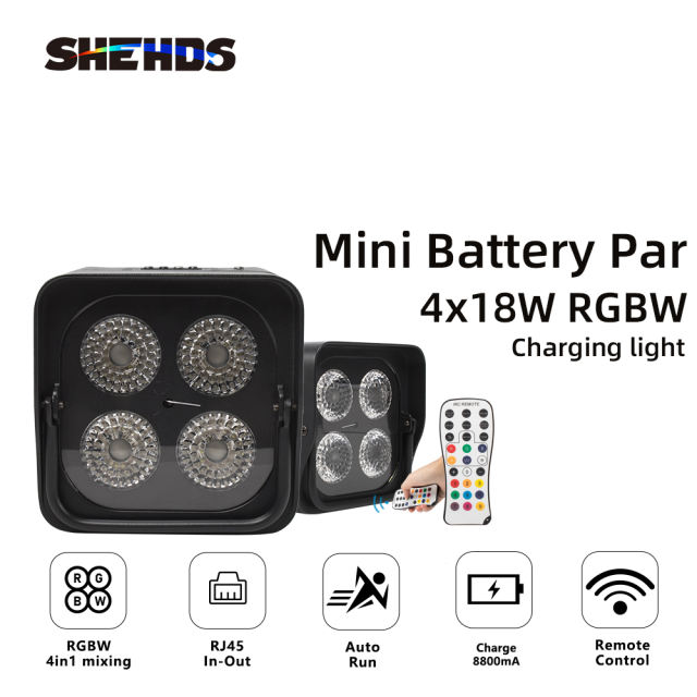 Mini Battery Par Light 4x18W RGBW Wireless Charging Control Wifi&amp;IR Remote Control DMX Uplighting