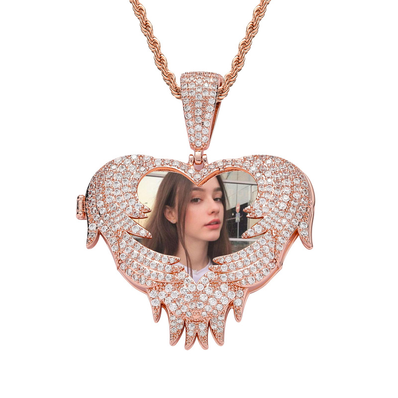 AMO CUSTOM PICTURE WING HEART PENDANT+FREE ROPE CHAIN