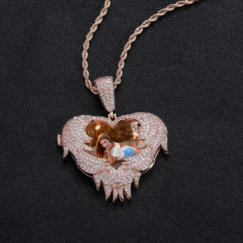 AMO CUSTOM PICTURE WING HEART PENDANT+FREE ROPE CHAIN