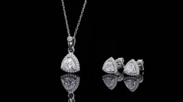 AMO VVS MOISSANITE S925 WHITE GOLD PLATED TRIANGLE CUT STONE BUNDLES-NECKLACE+EARRINGS