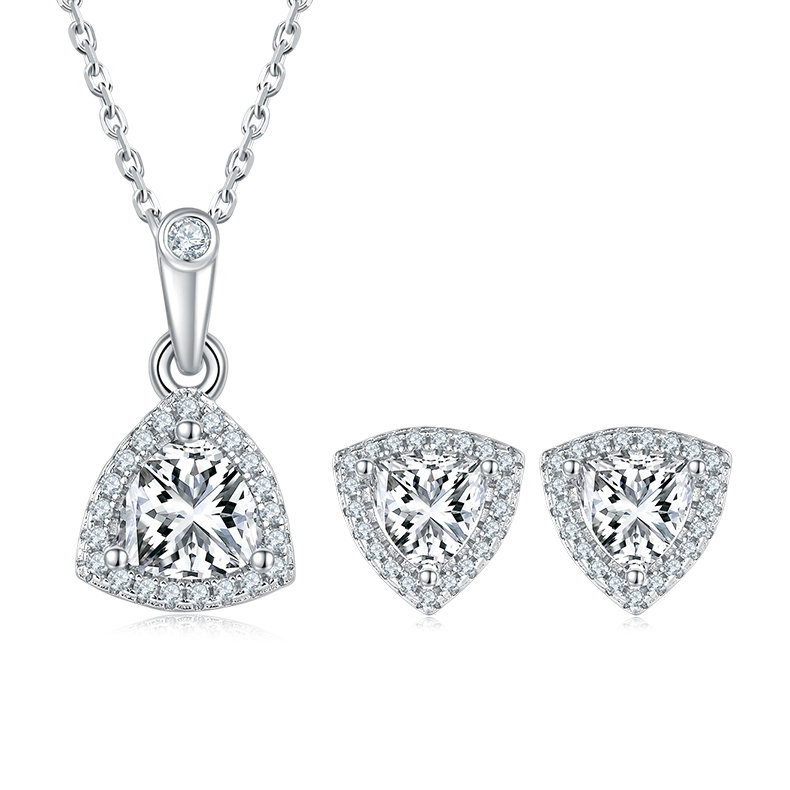 AMO VVS MOISSANITE S925 WHITE GOLD PLATED TRIANGLE CUT STONE BUNDLES-NECKLACE+EARRINGS