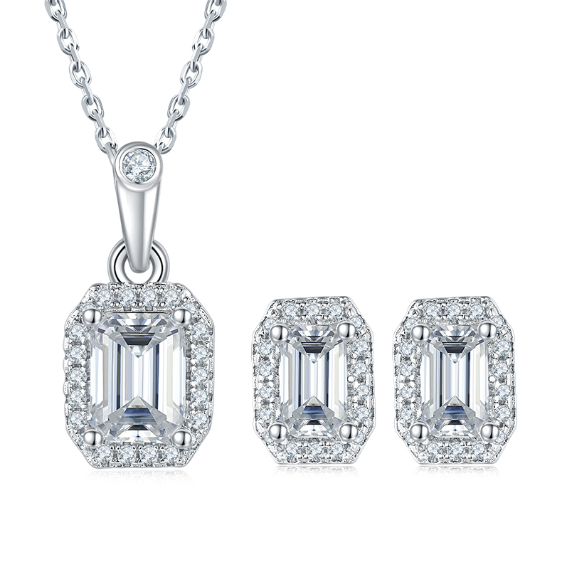 AMO VVS MOISSANITE S925 WHITE GOLD PLATED RECTANGLE CUT STONE BUNDLES-NECKLACE+EARRINGS