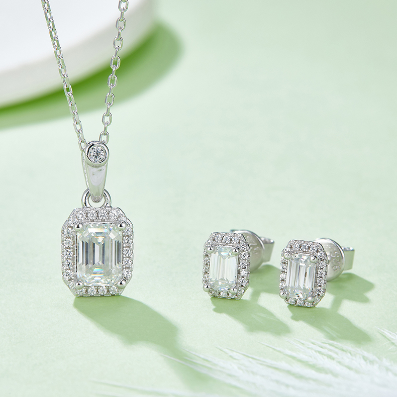 AMO VVS MOISSANITE S925 WHITE GOLD PLATED RECTANGLE CUT STONE BUNDLES-NECKLACE+EARRINGS