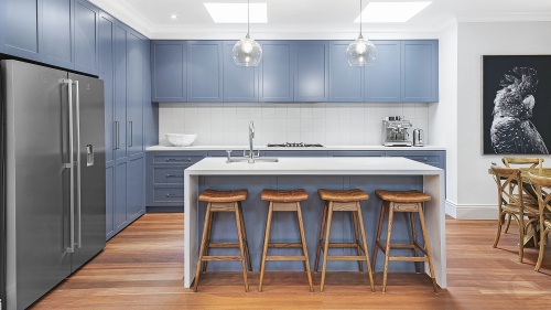 Unionlands Cabinetry Shaker Style Light Blue Kitchen Cabinet with 40mm Quartz Benchtop