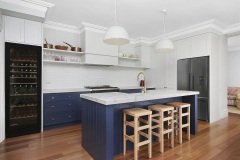 Unionlands Classic Shaker Blue Kitchen Cabinet with Red Wine Storage and Quartz Stone Island
