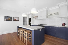 Unionlands Classic Shaker Blue Kitchen Cabinet with Red Wine Storage and Quartz Stone Island