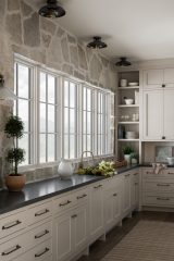 Unionlands Cabinetry White Oak Recessed Panel Door American Framed with Marble Stone Countertop Island