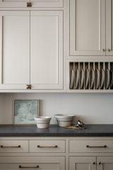 Unionlands Cabinetry White Oak Recessed Panel Door American Framed with Marble Stone Countertop Island