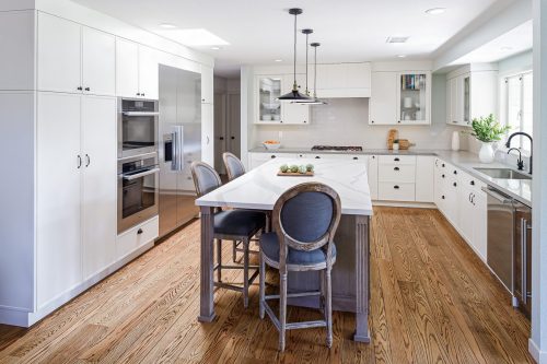 Unionlands Cabinetry White Painted Slim Shaker Kitchen Design with Stained White Oak Slim Shaker Island