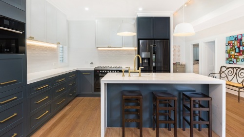 Unionlands Cabinetry Shaker Dark Blue Panel with Quartz Countertop Island