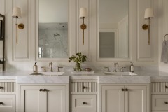 Unionlands Cabinetry Recessed Panel and Fluted Drawers Vanity Bathroom with Marble Stone Countertop Two Mirrors