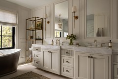 Unionlands Cabinetry Recessed Panel and Fluted Drawers Vanity Bathroom with Marble Stone Countertop Two Mirrors