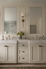 Unionlands Cabinetry Recessed Panel and Fluted Drawers Vanity Bathroom with Marble Stone Countertop Two Mirrors