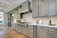 Unionlands Cabinetry Grey Painted Recessed Panel and Special Door Design Kitchen Cabinet With Quartz Countertop Island