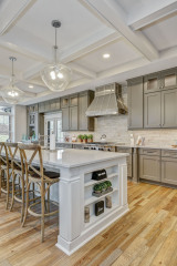 Unionlands Cabinetry Grey Painted Recessed Panel and Special Door Design Kitchen Cabinet With Quartz Countertop Island