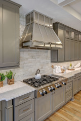 Unionlands Cabinetry Grey Painted Recessed Panel and Special Door Design Kitchen Cabinet With Quartz Countertop Island