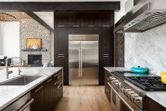 Uniolands Cabinetry Modern Kitchen Cabinet Timber Veneer Finish Slab Panel With Large Marble Waterfall Island