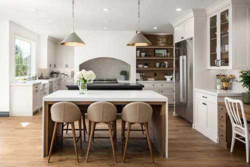 Unionlands Cabinetry White Matte Lacquer Shaker Panel With Double Island Two Tone Black Lacquer Cabinet