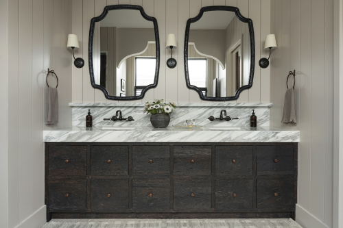 Unionlands Cabinetry Black Walnut Clear Coating Two Sink Vanity Bathroom With Marble Countertop