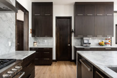 Uniolands Cabinetry Modern Kitchen Cabinet Timber Veneer Finish Slab Panel With Large Marble Waterfall Island