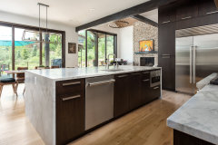 Uniolands Cabinetry Modern Kitchen Cabinet Timber Veneer Finish Slab Panel With Large Marble Waterfall Island