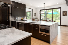 Uniolands Cabinetry Modern Kitchen Cabinet Timber Veneer Finish Slab Panel With Large Marble Waterfall Island