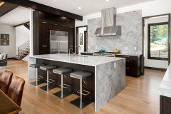 Uniolands Cabinetry Modern Kitchen Cabinet Timber Veneer Finish Slab Panel With Large Marble Waterfall Island