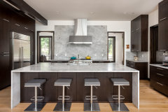 Uniolands Cabinetry Modern Kitchen Cabinet Timber Veneer Finish Slab Panel With Large Marble Waterfall Island