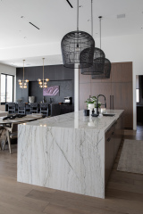 Unionlands Cabinetry Modern Kitchen Design White Lacquer and Timber Veneer Handleless Slab Panel With Black Walnut Fluted Waterfall Marble Island Cabinet