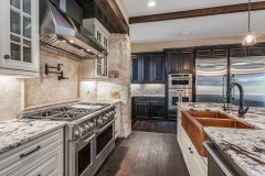 Unionlands Cabinetry Raised Panel Applied Molding Two Tone Black Painted With Marble Countertop