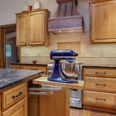 Unionlands Cabinetry Raised Panel Stain Hickory Solid Wood With Sintered Stone Countertop Island and Glass Wink Rack