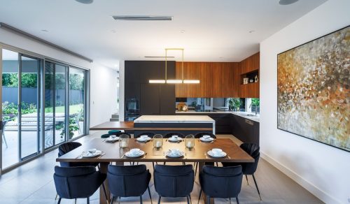 Unionlands Cabinetry Modern Kitchen Cabinet Two Tone Black Matte Lacquer and Melamine Finish Slab Panel