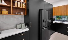 Unionlands Cabinetry Modern Kitchen Cabinet Two Tone Black Matte Lacquer and Melamine Finish Slab Panel