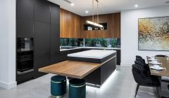Unionlands Cabinetry Modern Kitchen Cabinet Two Tone Black Matte Lacquer and Melamine Finish Slab Panel