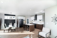 Unionlands Cabinetry Modern Kitchen Cabinet Handleless Slab Panel Two Tone White Lacquer Top Cabinet and Melamine Island