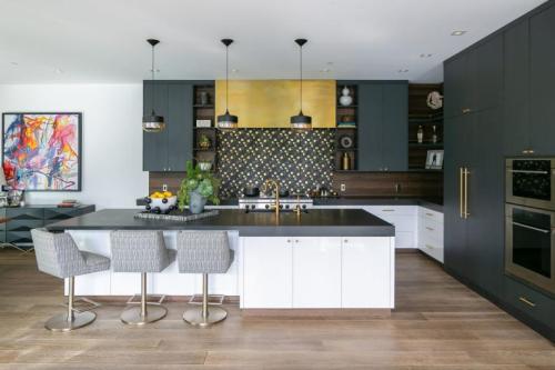 Unionlands Cabinetry Black, White + Gold Modern Kitchen by Dark Countertops and An Eye-catching Backsplash