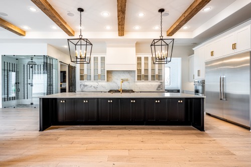 Unionlands Cabinetry Shaker Panel White Painted Kitchen Cabinet With Black Large Island and Glass Door