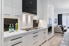 Unionlands Cabinetry White Matte Lacquer Painted With Black Quartz Countertop Waterfall