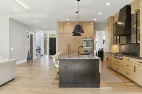 Unionlands Cabinetry Laminate Finish MDF Door Slab Panel Open Kitchen Cabinet With Marble Countertop Island