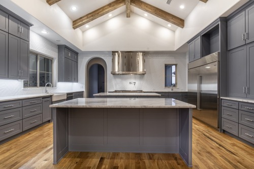 Unionlands Cabinetry Shaker Panel Grey Painted Open Kitchen Cabinet With Double Islands
