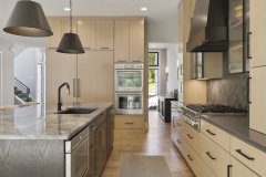Unionlands Cabinetry Laminate Finish MDF Door Slab Panel Open Kitchen Cabinet With Marble Countertop Island