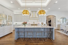 Unionlands Cabinetry Two Tone Kitchen Cabinet Shaker Panel With White and Blue Painted Island Mullion Glass Door