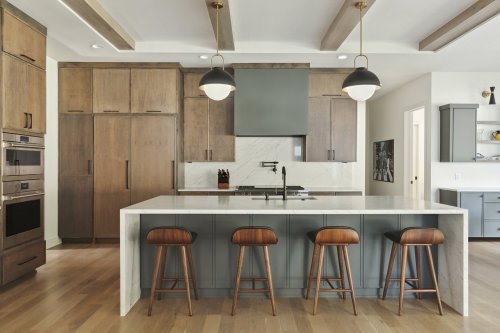 Unionlands Cabinetry Slim Shaker Kitchen Cabinet Maple Solid Wood With Blue Painted Waterfall Island