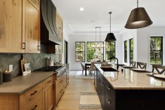 Unionlands Cabinetry Timber Veneer Kitchen Cabinet With Shaker Panel and Black Lacquer Slab Panel Island Cabinet