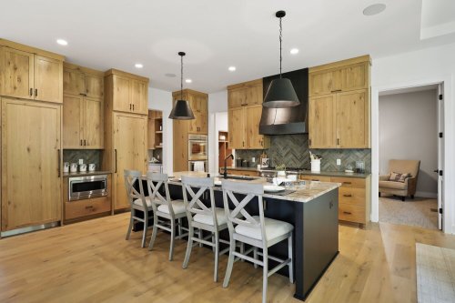 Unionlands Cabinetry Timber Veneer Kitchen Cabinet With Shaker Panel and Black Lacquer Slab Panel Island Cabinet