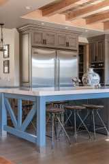 Unionlands Cabinetry Farmhouse Raised Panel Maple Wood Stain Kitchen Cabinet Two Tone With Blue Shaker Door Island Cabinet